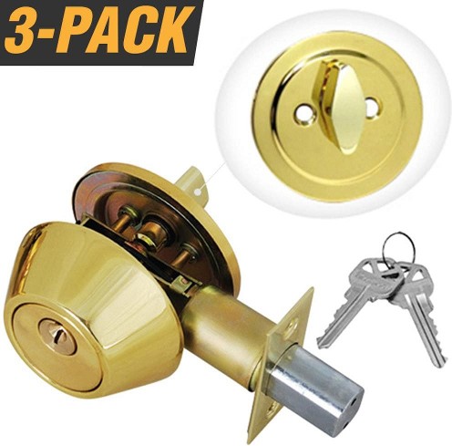Polished Brass Single Cylinder Deadbolt 3 -Pack
