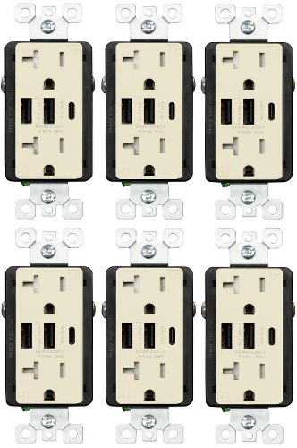 20 -Amp 125-volt Tamper Resistant Residential Decorator USB outlet Type A/C , Light almond 6 -Pack