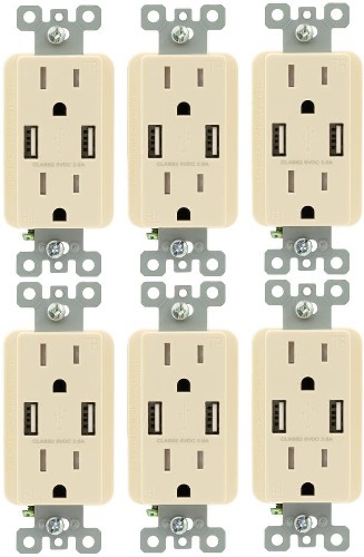 15 -Amp 125-volt Tamper Resistant Residential Decorator USB outlet Dual Type A , Light almond 6 -Pack