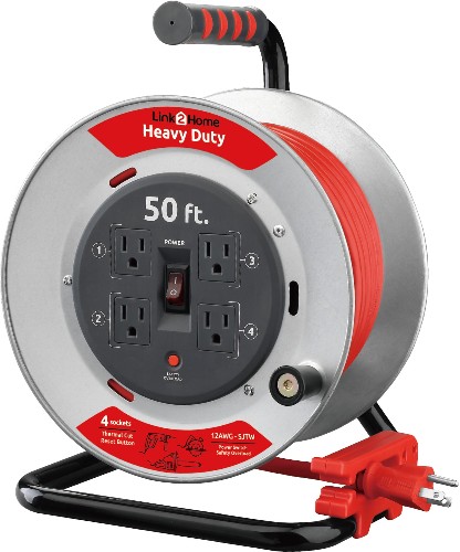 Link2Home Cord Reel 50-ft 12 / 3-Prong Indoor/Outdoor SJTW Heavy Duty General Extension Cord