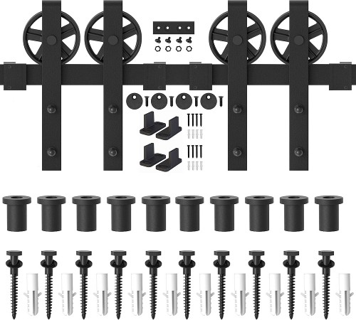 144-in Matte Matte Black Indoor Spoke Wheel Double Barn door hardware kit