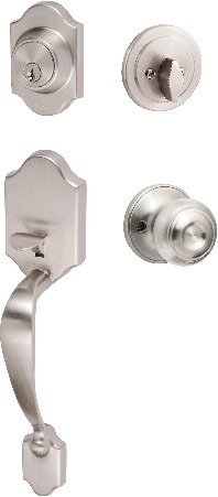 SureLoc Coral Satin Nickel Exterior Single-Cylinder Deadbolt and Keyed Entry Door Handle Combo Pack