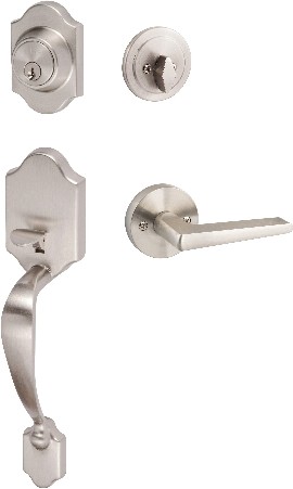 SureLoc Coral Satin Nickel Exterior Single-Cylinder Deadbolt and Keyed Entry Door Handle Combo Pack