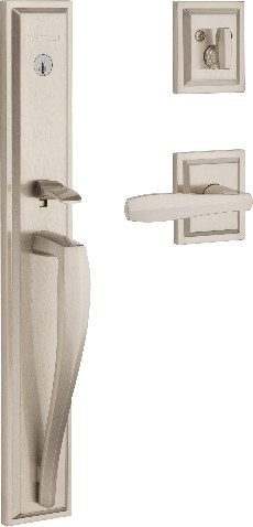 Prestige Series Torrey Pines Satin Nickel Single-Cylinder Deadbolt and Entry Door Handleset ft. SmartKey Security