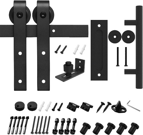 96-in Matte Black Indoor/Outdoor J-strap Single Barn door hardware kit