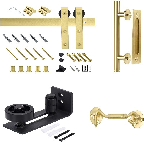 RELIABILT 78-in Soft Gold Interior J-strap Barn Door Hardware Kit and Barn Door Handle Set