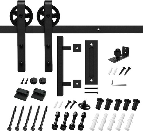 96-in Matte Black Indoor/Outdoor J-strap Single Barn door hardware kit