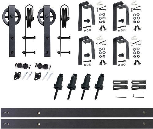 66-in Rustic black Black Indoor Spoke Wheel Double bypass Barn door hardware kit