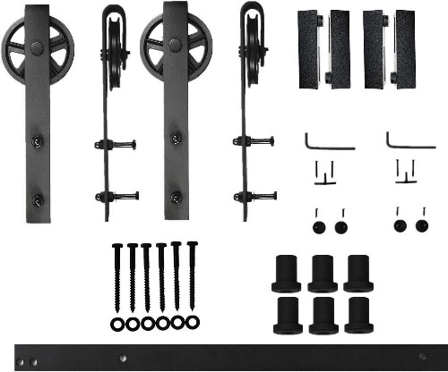 96-in Rustic black Black Indoor Spoke Wheel Double Barn door hardware kit