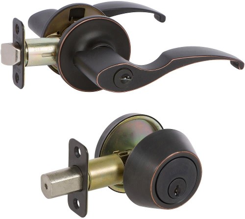 Delaney Callan Edged oil rubbed bronze Exterior Single-Cylinder Deadbolt and Keyed Entry Door Handle Combo Pack