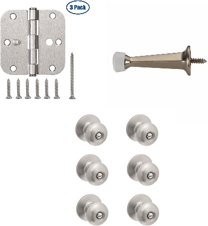 RELIABILT Baron Satin Nickel Interior Bed/Bath Privacy Door Knob Contractor Pack and 3-1/2-in H x 5/8-in Radius Satin Nickel Interior Door Hinge Set