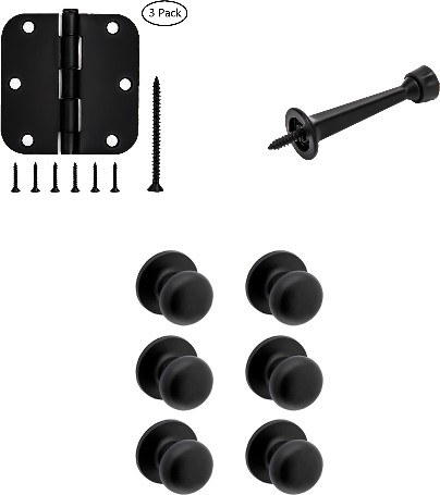 RELIABILT Baron Matte Black Interior Hall/Closet Passage Door Knob Contractor Pack and 3-1/2-in H x 5/8-in Radius Matte Black Interior Door Hinge Set