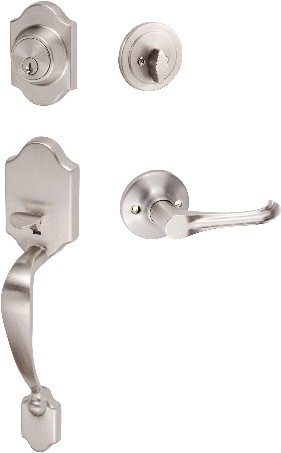 SureLoc Coral Satin Nickel Exterior Single-Cylinder Deadbolt and Keyed entry door handle