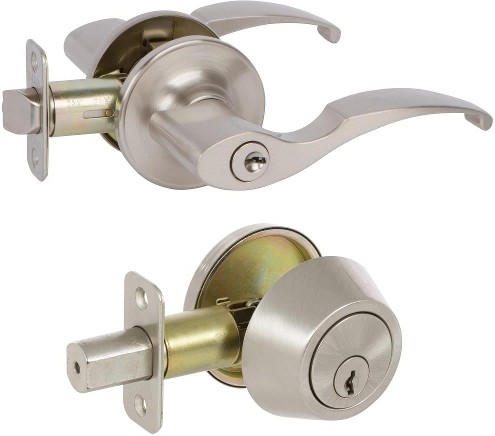 Delaney Callan Satin nickel Exterior Single-Cylinder Deadbolt and Keyed Entry Door Handle Combo Pack