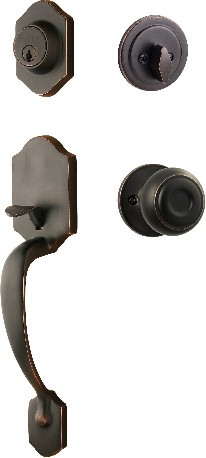 SureLoc Coral Vintage Bronze Exterior Single-Cylinder Deadbolt and Keyed entry door handle