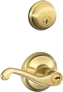 Flair Bright Brass Exterior Single-Cylinder Deadbolt and Keyed Entry Door Handle Combo Pack