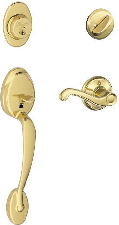Flair Bright Brass Exterior Single-Cylinder Deadbolt and Keyed Entry Door Handleset