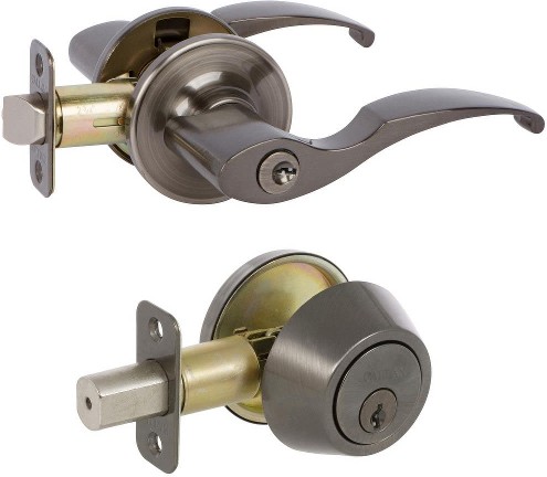 Delaney Callan Antique Nickel Exterior Single-Cylinder Deadbolt and Keyed Entry Door Handle Combo Pack