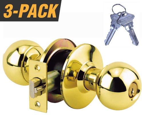 Keyed Alike Entry Door Polished Brass Exterior Storeroom Door Knob 3 -Pack