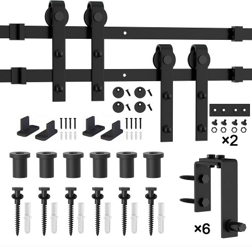 108-in Matte Matte Black Indoor J-strap Double bypass Barn door hardware kit