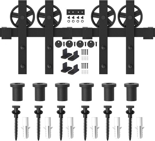 96-in Matte Matte Black Indoor Spoke Wheel Double Barn door hardware kit