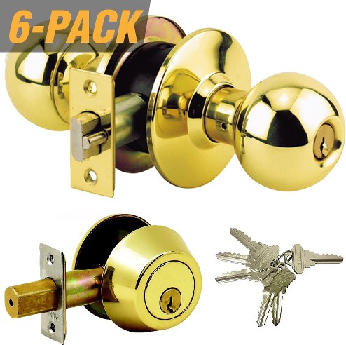Keyed Alike Entry Door Brass Exterior Single-Cylinder Deadbolt and Keyed Entry Door Knob Contractor Pack 6 -Pack