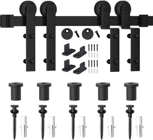 79-in Matte Matte Black Indoor I-strap Single bypass Barn door hardware kit