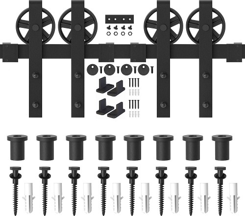 120-in Matte Matte Black Indoor Spoke Wheel Double Barn door hardware kit