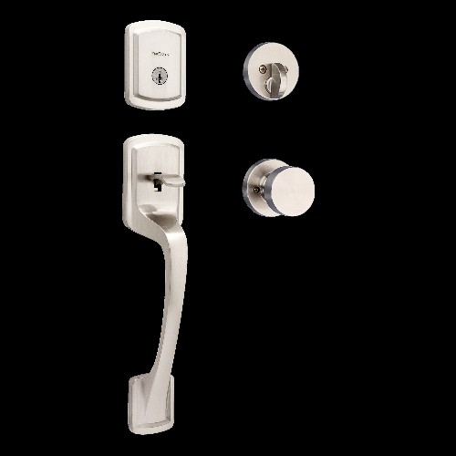 Prague Satin Nickel Single-Cylinder Entry Door Handleset with Knob and SmartKey