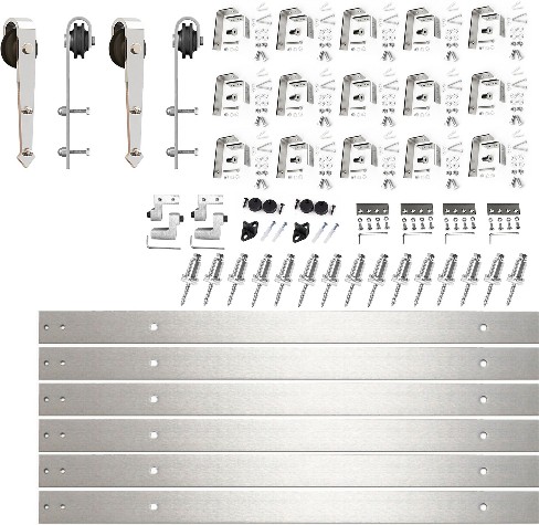 240-in Brushed Brushed Nickel Indoor Arrow Double bypass Barn door hardware kit