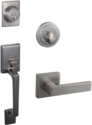 Emblem Series Karsen Satin Nickel Interior or Exterior Single-Cylinder Deadbolt and Keyed entry door handle