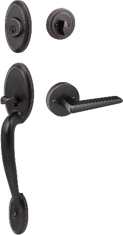 SureLoc Aspen Vintage Bronze Exterior Single-Cylinder Deadbolt and Keyed entry door handle