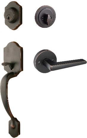 SureLoc Coral Vintage Bronze Exterior Single-Cylinder Deadbolt and Keyed entry door handle