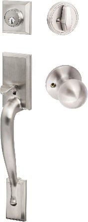SureLoc Madison Satin Nickel Exterior Single-Cylinder Deadbolt and Keyed entry door handle