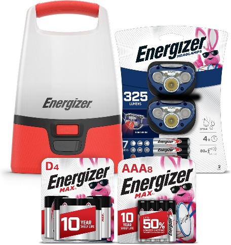 Energizer 325-Lumen LED Headlamp and 1000-Lumen LED Rechargeable Camping Lantern with Replacement D and AAA Batteries Camping Bundle