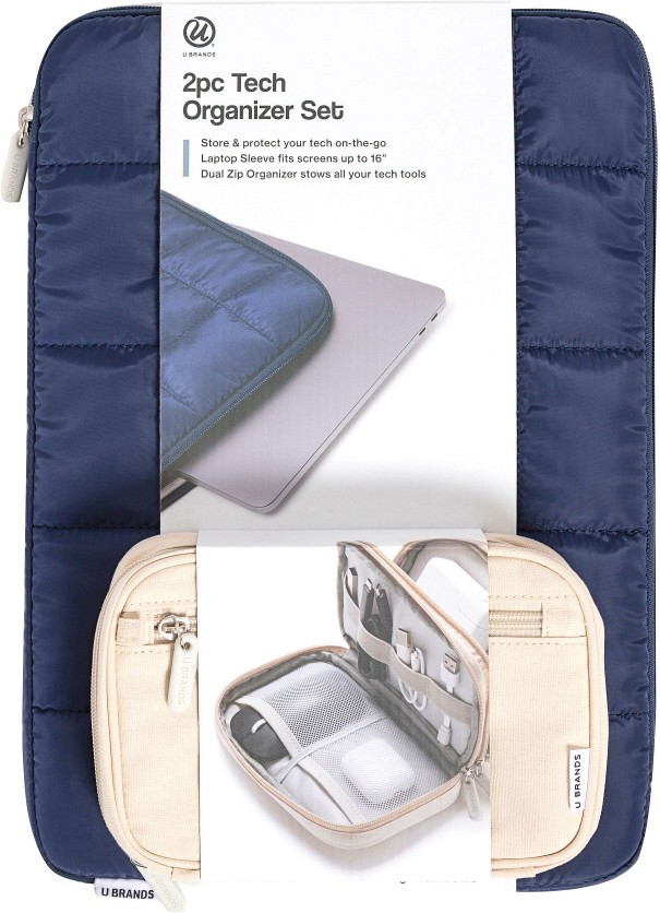 Tech Pouch Value Pack, Nylon Zipping Laptop Case 16" and Dual Zip Canvas Tech Pouch, Storm Blue and Sand Beige