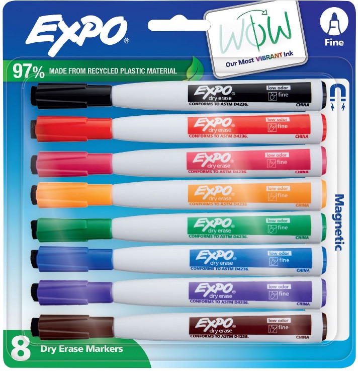 Magnetic Dry Erase Markers with Eraser, Assorted Colors, Fine Tip, 8 ct.