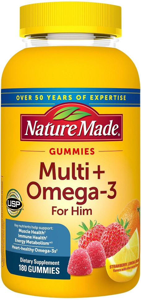 Men's Multivitamin + Omega-3 Gummies, Strawberry, Lemon & Orange, 180 ct.