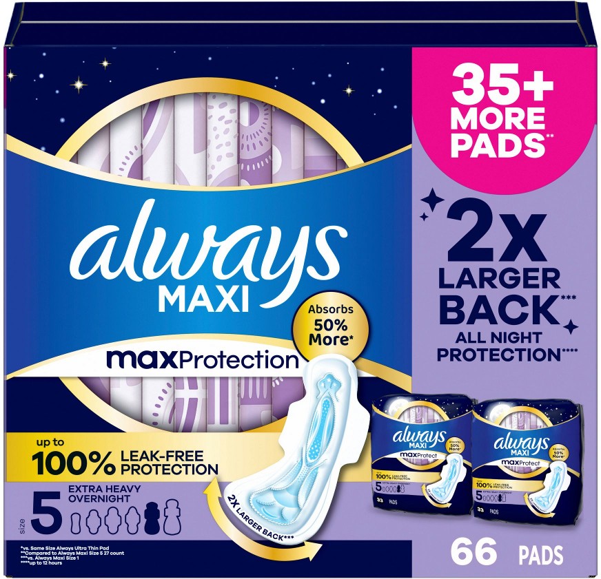 Maxi Overnight Pads with Wings for Women, Size 5, Extra Heavy Overnight Absorbency, 66 ct.