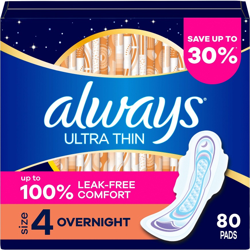 Ultra Thin Overnight Feminine Pads with Wings for Women, Size 4, Overnight, Unscented, 80 ct.