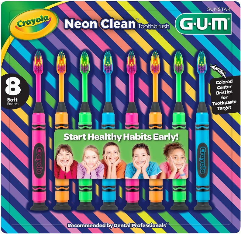 Crayola Neon Clean Children's Toothbrush, Soft Bristled Kids Toothbrush Set, Age 3+, 8 ct.