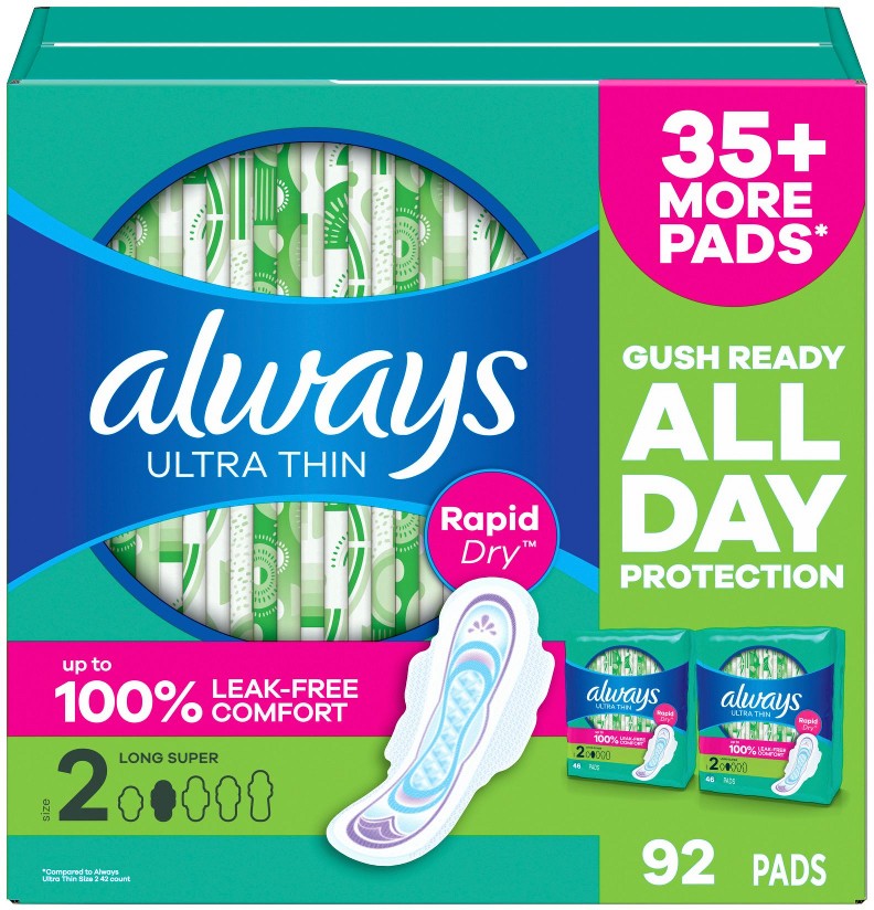 Ultra Thin Feminine Pads with Wings for Women, Size 2, Long Super Absorbency, Unscented, 92 ct.