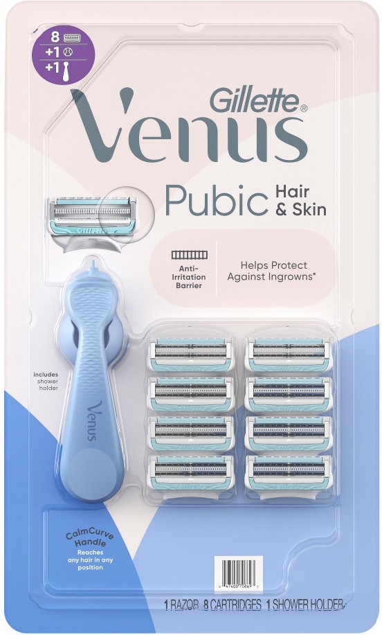 Pubic Hair & Skin Bikini Razor for Women, Metal Handle, 5-Blades, 1 Handle + 8 Refills