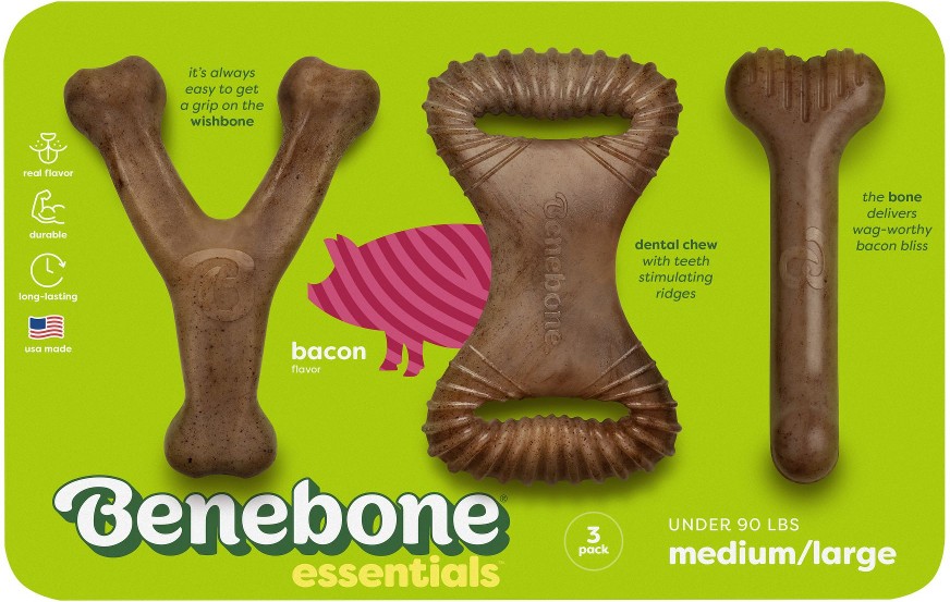 Essentials 3 pk. Wishbone, Dental Chew, Bone - Durable Dog Chew Toy for Aggressive Chewers Med/Large - Real Bacon