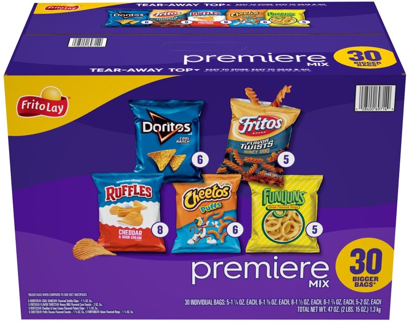 Variety Pack of Snacks and Chips, Premiere Mix, 30 ct.