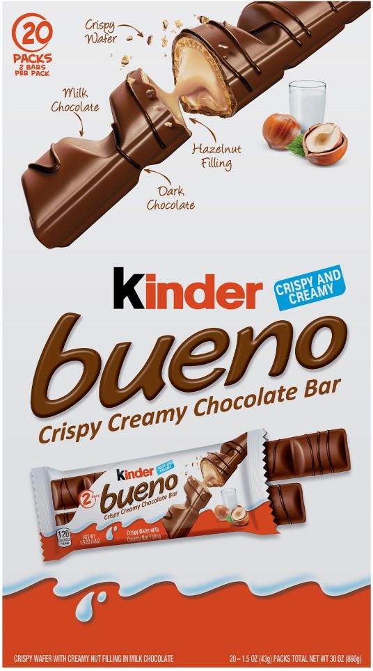 Bueno Milk Chocolate and Hazelnut Cream, Two Individually Wrapped Chocolate Bars Per Pack, 20 ct.