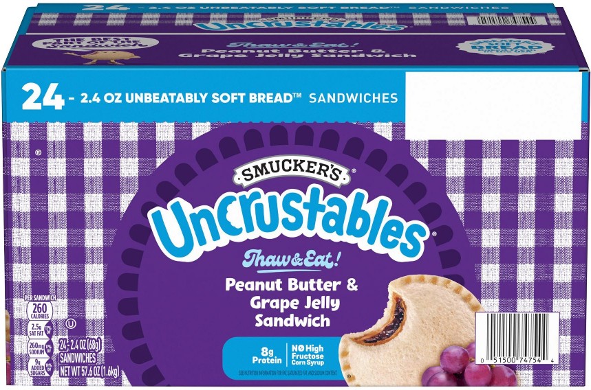 Uncrustables Peanut Butter & Grape Jelly Sandwiches, Mega Pack, Frozen, 24 ct./2.4 oz.