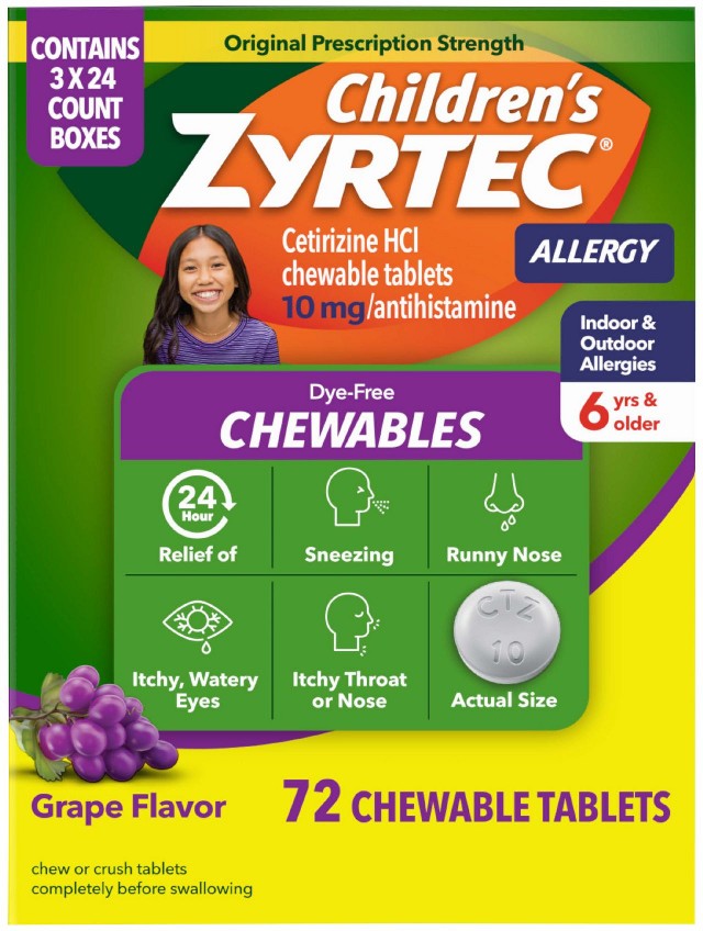 Dye-Free Chewable Tablets, Cetirizine, Dye-Free, Grape, 72 ct.