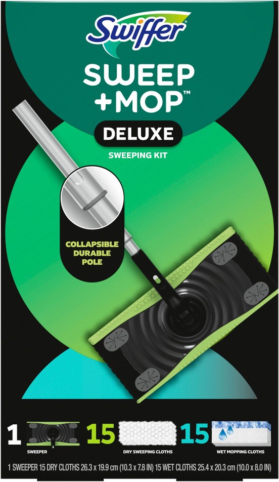 2-in-1 Floor Sweep & Mopping Kit, 1 sweeper/15 dry sweep cloths/15 wet mop cloths