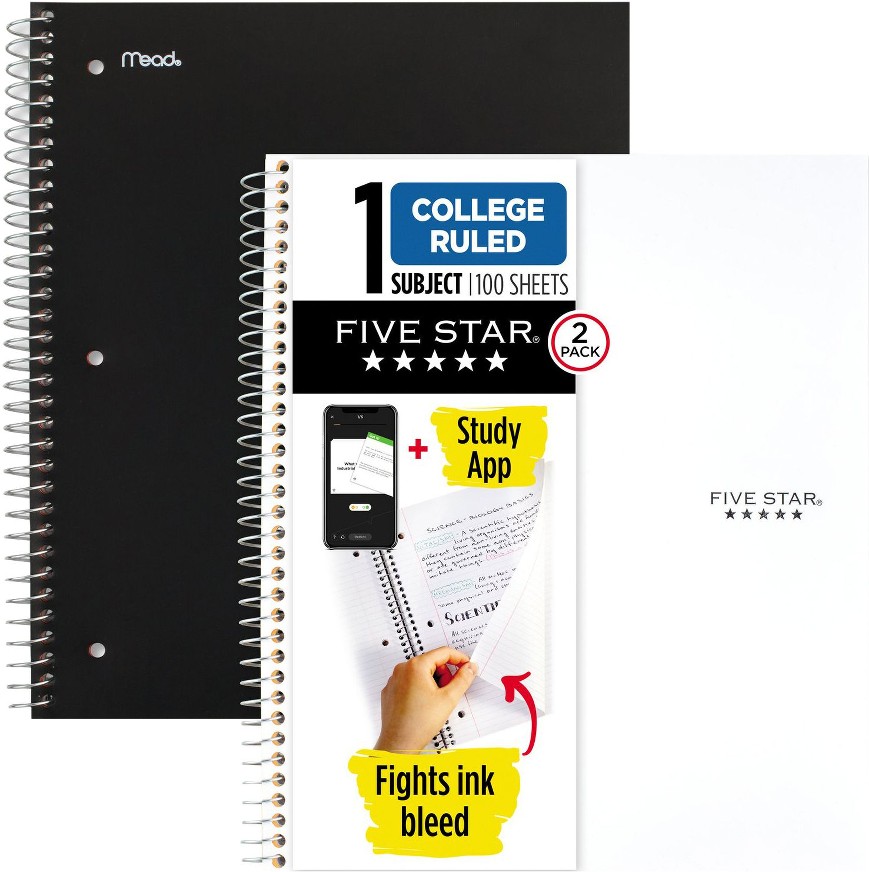 Spiral Notebook Plus Study App, 5 Subject, College Ruled, 8-1/2" x 11" - 2 Pk.